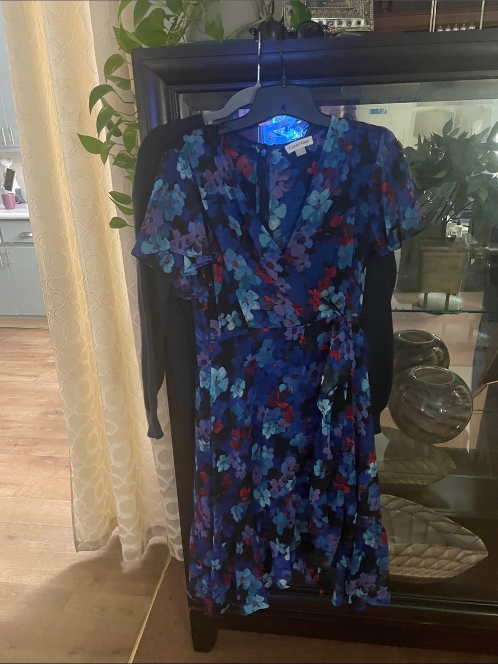 Calvin Klein Blue Floral Wrap Midi Dress with Teal and Red Accents